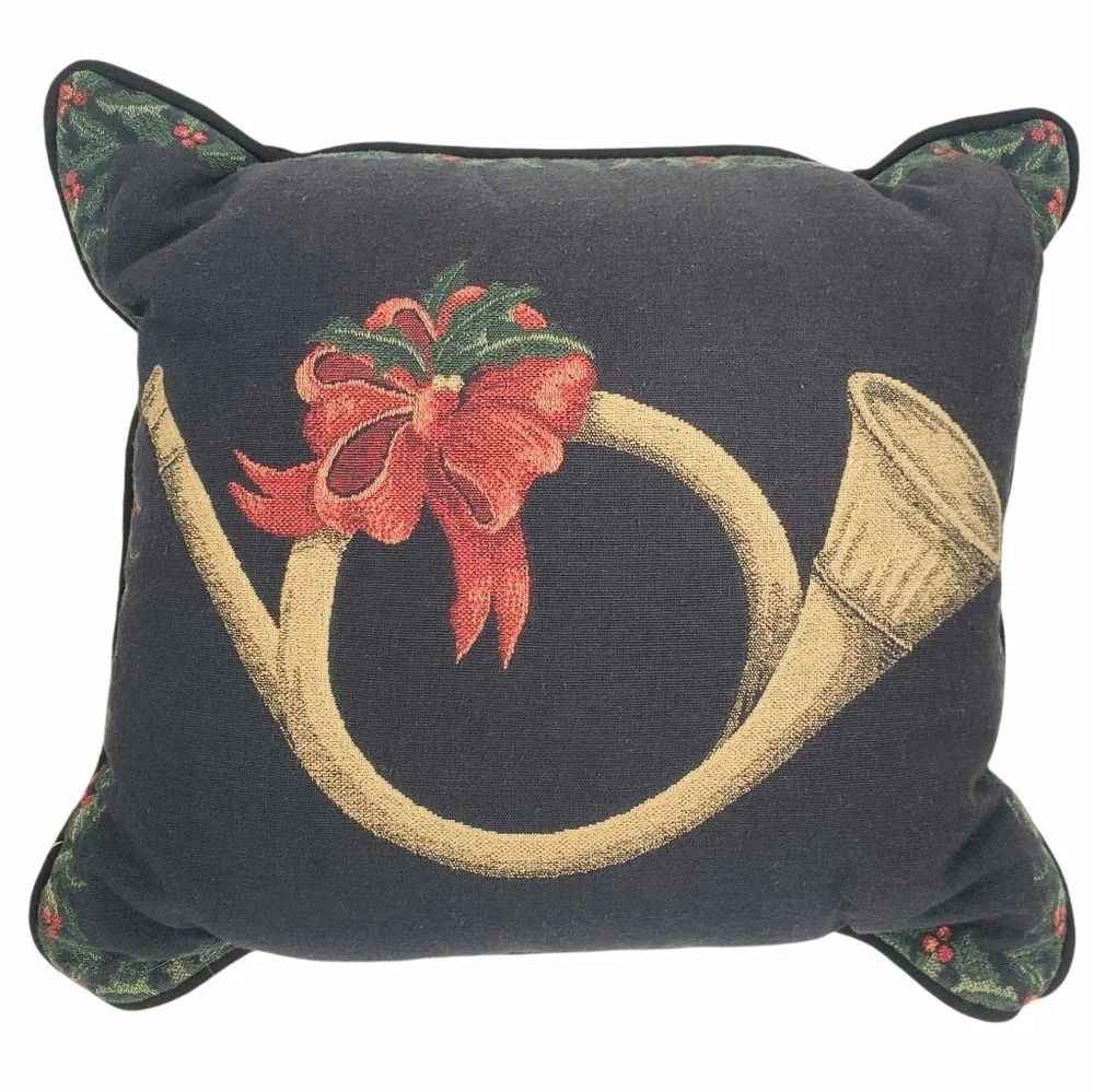 Classic Holiday Pillow. Black With Gold Horn And Red Green Accents. 16
